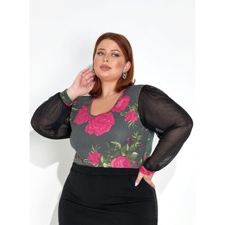 Body Com Mangas Longas Plus Size Floral Preto Marguerite