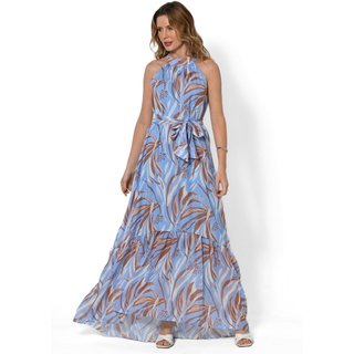 Vestido Bisô Longo Babado Estampado Azul - Azul