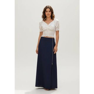 Saia Midi com Zíper Azul Marinho