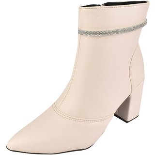 Bota Cano Curto Rosa Chic Calçados Bico Fino Salto Alto Zíper Brilho Strass Feminino Off-White