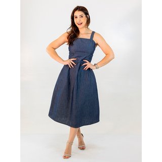 Vestido Feminino Midi Jeans Soft Evasê Lastex Bolsos Anticorpus