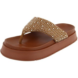 Sandália Papete Flatform Strass de Dedo Brilho Macia Blogueira Agnes Veronez Caramelo