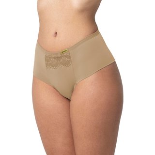 Calcinha Gabi Lingerie Cintura Alta Fio Duplo Microfibra Renda Cós Alto Lingerie Bege