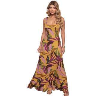 Vestido Fluido Longo Dellamarca Casual Estampada Mostarda