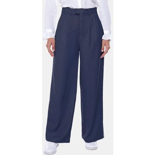 Calça de Pregas Azul Marinho Sob Cintura Alta em Viscose com Elastano