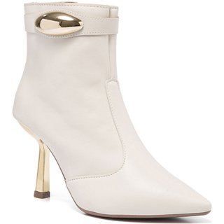 Bota Feminina Stessy Shoes Cano Curto Bico Fino Salto Metalizado Lesma Off White