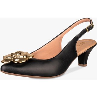 Scarpin Slingback Feminino Takata Salto Baixo Fino Sapato Boneca Mary Jane Flor Preto Sintético
