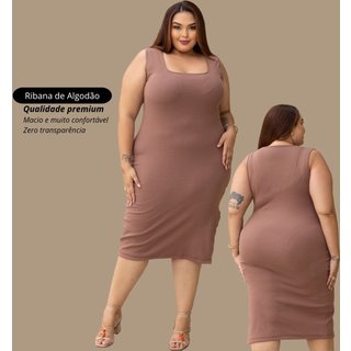 Vestido Garota Urbana Fashion Plus Size Chocolate feminino Ribana canelado premium sem manga