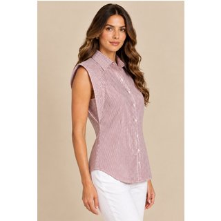 Camisa Feminina Listrada Lapetry Sem Manga Vinho com Gola e Botões – Elegante e Casual