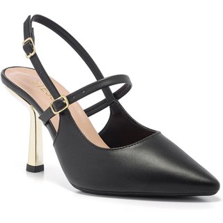 Scarpin Slingback Feminino Stessy Salto Alto Metalizado Com Fivela Preto
