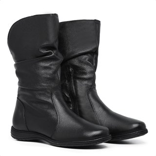 Bota Feminina Cano médio em Couro Legítimo Franzida Lançamento Mod.3900 Preto Lady