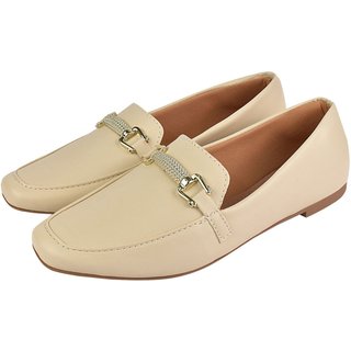Sapato Feminino Mocassim Donatella Shoes Bico Quadrado Confort Sapatilha Social Off White