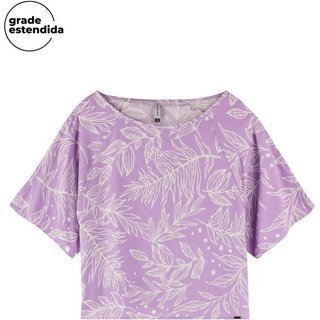Blusa Feminina Estampada Folhagens com Recorte Mangas Marialícia Lilás