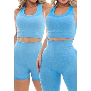Kit Fitness Shorts, Top e Calça GARAIS MODA Modeladora Azul Menta Efeito Levanta Bumbum