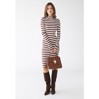 Vestido Curto Gola Alta Levosch Ribana Algodão Premium Listrado Marrom