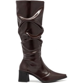 Bota Feminina Slouchy Stessy Cano Alto Confortável Bico Fino Enrugada Elegante Marrom Brownie
