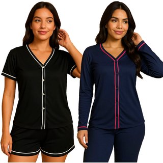 Kit 2 Pijamas Gabi Lingerie Estilo Blogueira Manga Curta e Manga Comprida Modelagem Perfeita Elegante Moda Feminina Multicolorido