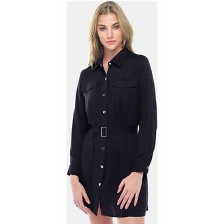 Vestido Chemise Manga Longa com Bolsos e Cinto Preto