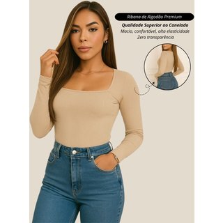 Blusa feminino cacharrel bege Garota Urbana Fashion Outono inverno casual diario basico ribana canelado algodão