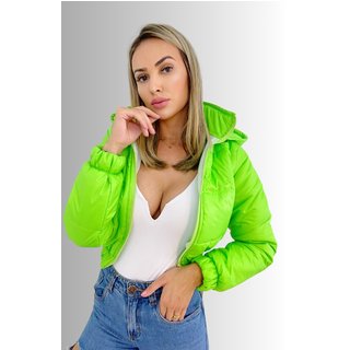Jaqueta Puffer Curta Verde Com Capuz Removível Charme De Moça
