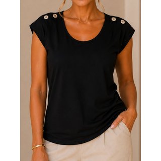 Blusa Feminina Preta com Botões nos Ombros Manga Curta Elegante Confortável e Versátil