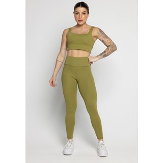 Conjunto Fitness WLS Modas Top Alça Grossa e Calça Cintura Alta Poliamida Zero Transparência Feminino Pistache