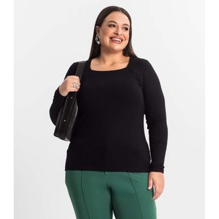 Blusa Plus Size Em Ribana Canelada Secret Glam Preto
