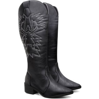 Bota Feminina Veritimo Texana Cano Alto Westen Bordada Salto Grosso Elegante Preto
