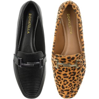 Kit 2 Pares Sapato Feminino Mocassim Donatella Shoes Bico Quadrado Confort Preto e Onça