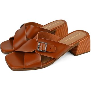 Sandália Feminina Tamanco Salto Bloco Donatella Shoes Saltinho Estilo Madeira Fivela Dourada Caramelo