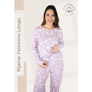 Pijama Algodão Básico Feminino Longo Piante Melissa Ovelha Lilás