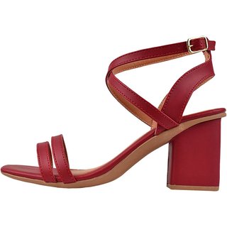 Sandália Salto Grosso Rosa Chic Calçados Salto Baixo 5 cm Bloco Vermelho