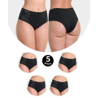 Kit 5 Calcinha Cós Alto Cintura Alta Em Microfibra E Renda Catarina Preto
