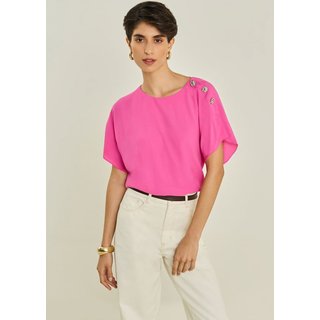 Blusa Maria Valentina Solta Decote Canoa Manga Curta Padrão Rosa