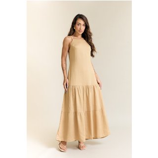 Vestido Longo Feminino com Alças na Cor Caqui Lemier Collection