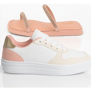Tênis Sneakers Feminino Cano Curto Branco Kit Casual Com Papete Rose Ferrareto