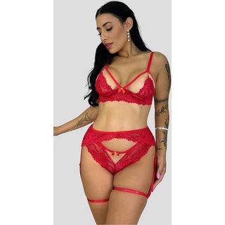 Conjunto Lingerie Sexy Illusion Cinta Liga E Perneira - Vermelho