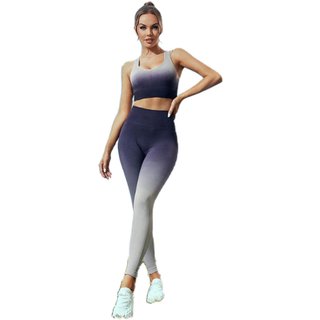 Conjunto Feminino Degrade Calça Leg e Top Academia Fitness Preto e Cinza
