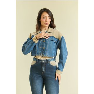 Jaqueta Jeans Cropped Feminina Bicolor Lemier Collection