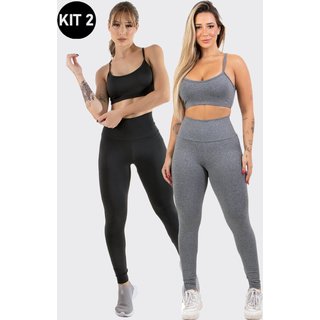 Kit 2 Conjuntos Feminino Fitness Top alça fina e Calça Legging Lisa Treino Academia 4 Estações Cinza/Preto 90% Poliéster 10% Elastano Tecido macio, sem necessidade de passar Costuras duplas, não desbota