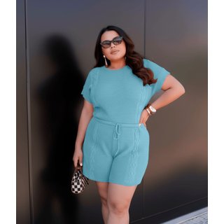 Conjunto Cherry Line Duas Peças Blusa Manga Curta Shorts Tricô Marrom Azul