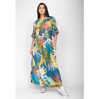 Vestido Midi Cabanafree Ciganinha Viscose com Lapela Estampa Brisa Botanica