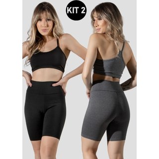 Kit 2 Conjuntos Feminino Fitness Top alça fina e Bermudinha Suplex Lisa Treino Academia 4 Estações Preto/Cinza
