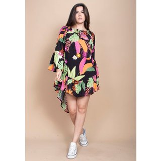 Vestido Curto Cabanafree Viscose Com Babados Estampa Noite Botãnica