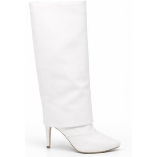 Bota Feminina Cano Longo Com Capa Salto Fino Elegante Flor da Pele 1796 Branco