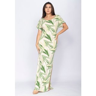 Vestido CabanaFree Longo Malha Fenda na Lateral Estampa Verde Selvagem