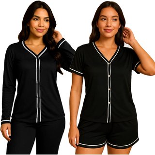 Kit 2 Pijamas Gabi Lingerie Estilo Blogueira Manga Curta e Manga Comprida Modelagem Perfeita Elegante Moda Feminina Preto