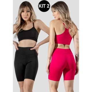Kit 2 Conjuntos Feminino Fitness Top alça fina e Bermudinha Suplex Lisa Treino Academia 4 Estações Preto/Rosa