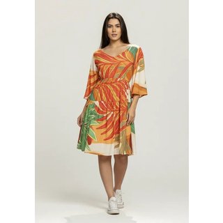 Vestido CabanaFree Curto Plano com Manga e Camadas Estampa Jardim do Sol
