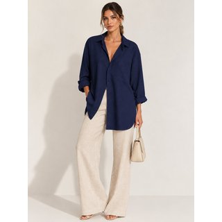 Camisa Over de Linho Feminina SKR Moda Elegante Manga Longa Casual Premium Azul Marinho
